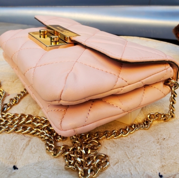 Michael Kors Sloan Pink Quilted Leather Clutch Gold Chain Messenger Crossbody - Picture 10 of 16